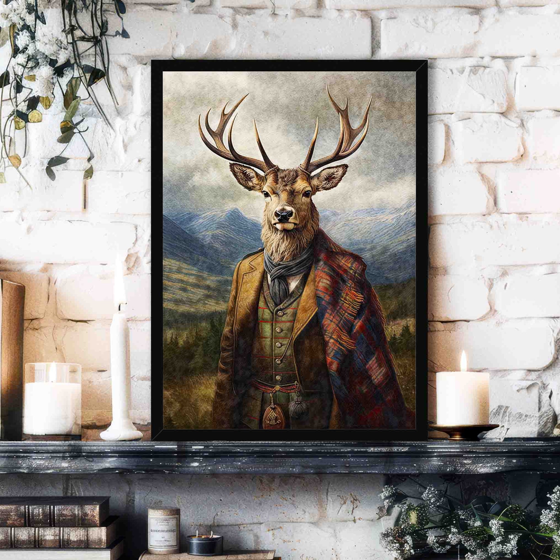 Framed artwork of a Scottish stag deer wearing a plaid coat and traditional tartan attire.