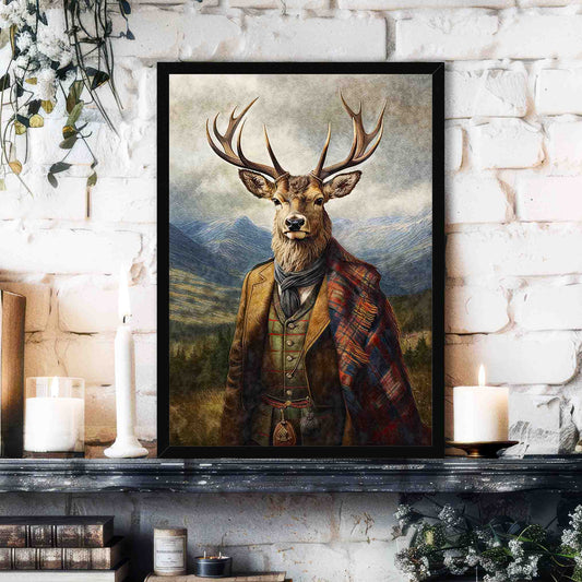Framed artwork of a Scottish stag deer wearing a plaid coat and traditional tartan attire.