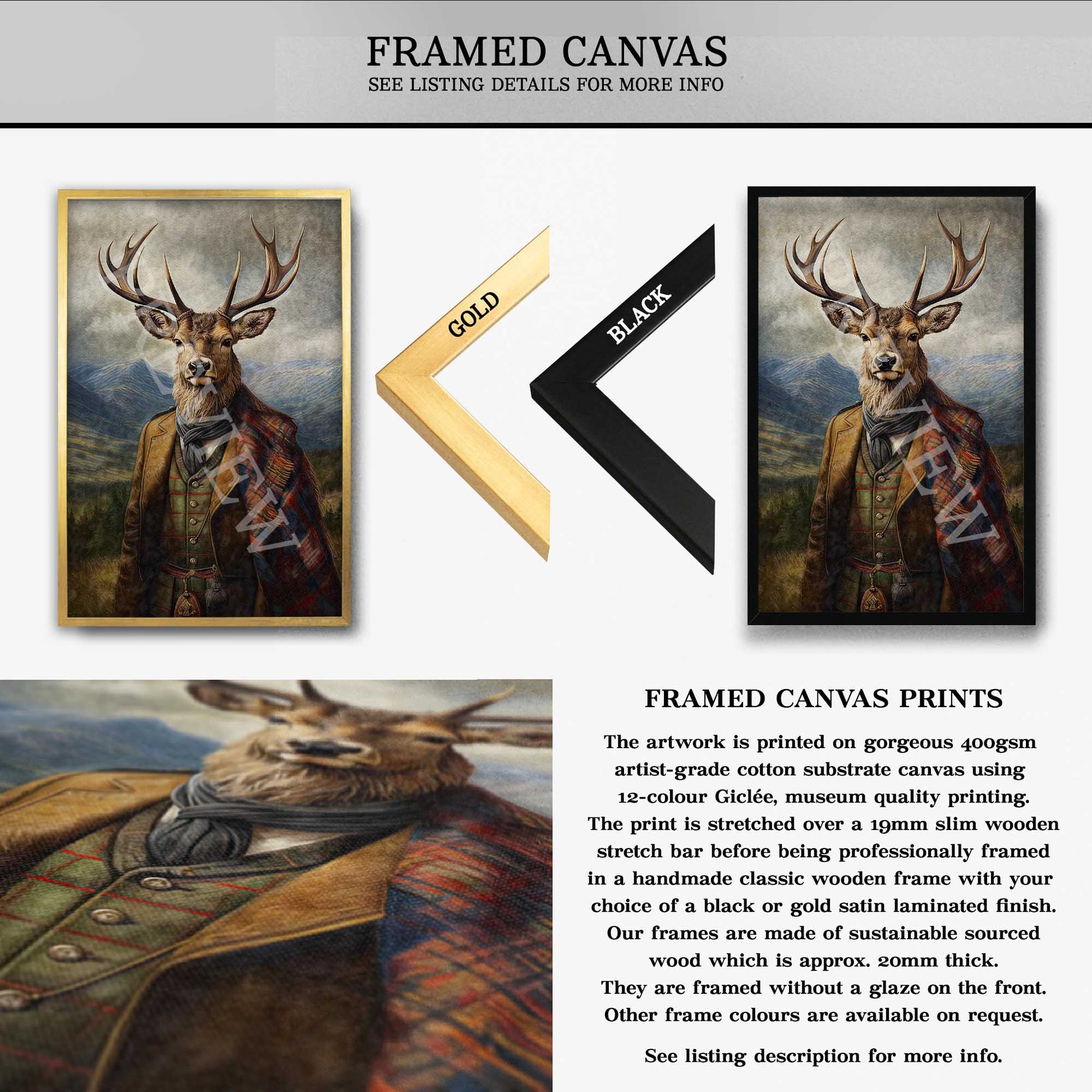 Framed canvas print of a stag wearing Scottish highland attire with gold and black frame options shown.