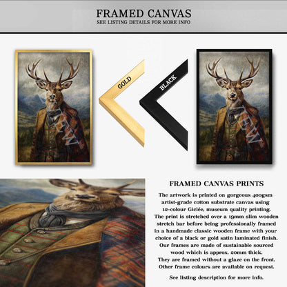 Framed canvas print of a stag wearing Scottish highland attire with gold and black frame options shown.