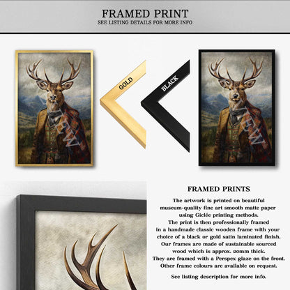 Framed prints of a Scottish stag with black and gold frame color options.