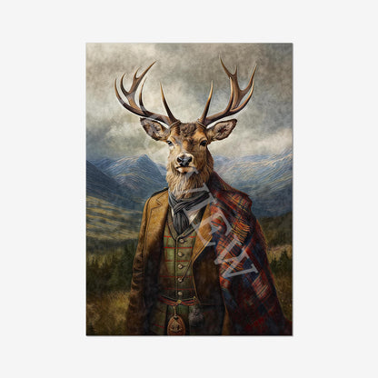 Vintage style artwork of a stag wearing a Scottish highland outfit and tartan plaid with a mountainous background.