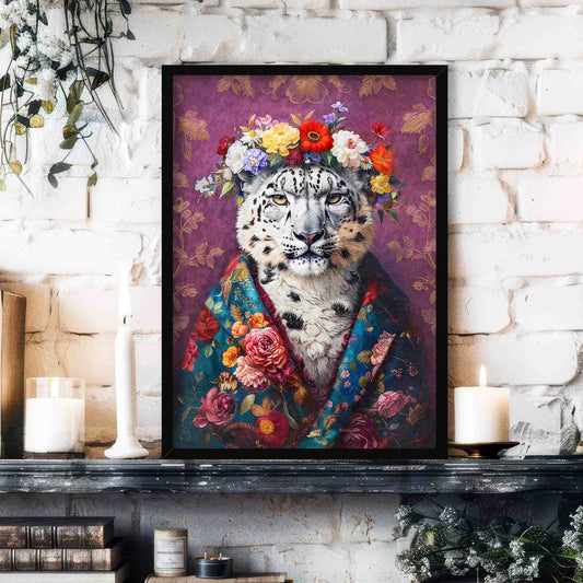 Snow Leopard Floral Maximalist Wall Art Print Black Frame by Vintage Panda Designs