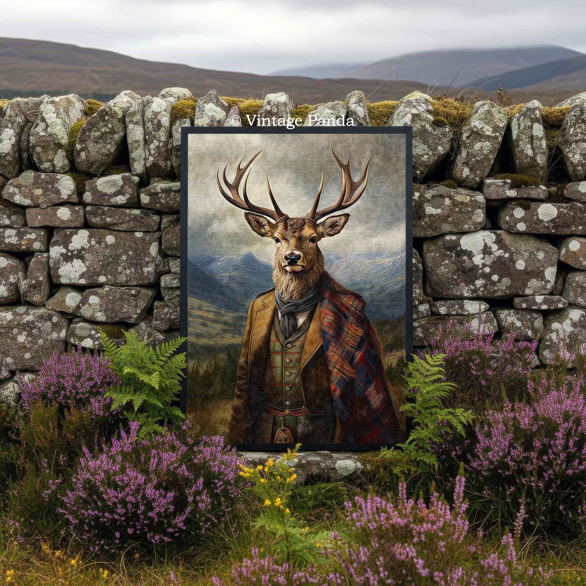 Framed painting of a stag deer wearing a coat with a stone wall and natural Scottish scenery in the background