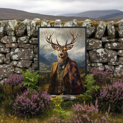 Framed painting of a stag deer wearing a coat with a stone wall and natural Scottish scenery in the background