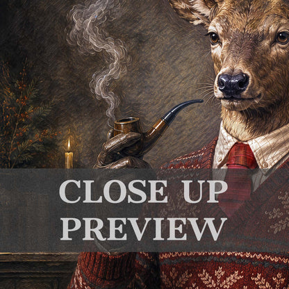A close-up portrait of a deer dressed in a red knit Christmas sweater and red tie, holding a smoking pipe.