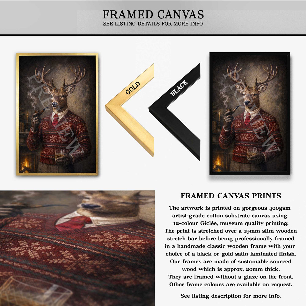 A product information graphic for framed canvas prints. The top section shows a framed artwork of a stag in a red knit Christmas sweater and bow tie, with a gold frame labeled GOLD and a black frame labeled BLACK.