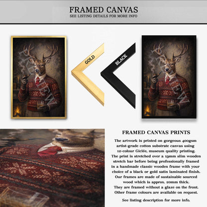 A product information graphic for framed canvas prints. The top section shows a framed artwork of a stag in a red knit Christmas sweater and bow tie, with a gold frame labeled GOLD and a black frame labeled BLACK.