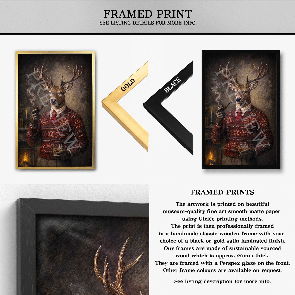 Framed art print listing showing a portrait of a stag wearing a red festive sweater with two frame options labeled gold and black, plus product details text on a white background.