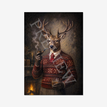 A vertical art print featuring a humorous portrait of a stag with antlers dressed in a red and brown patterned festive sweater, holding a smoking pipe and a glass of whiskey, set against a dark background with a fireplace.