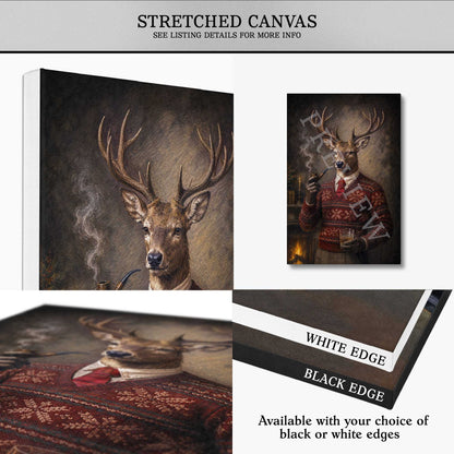 Stretched canvas wall art showing a deer portrait in a red patterned Holiday sweater, presented in a collage with text noting stretched canvas format, white or black edges, and listing details.
