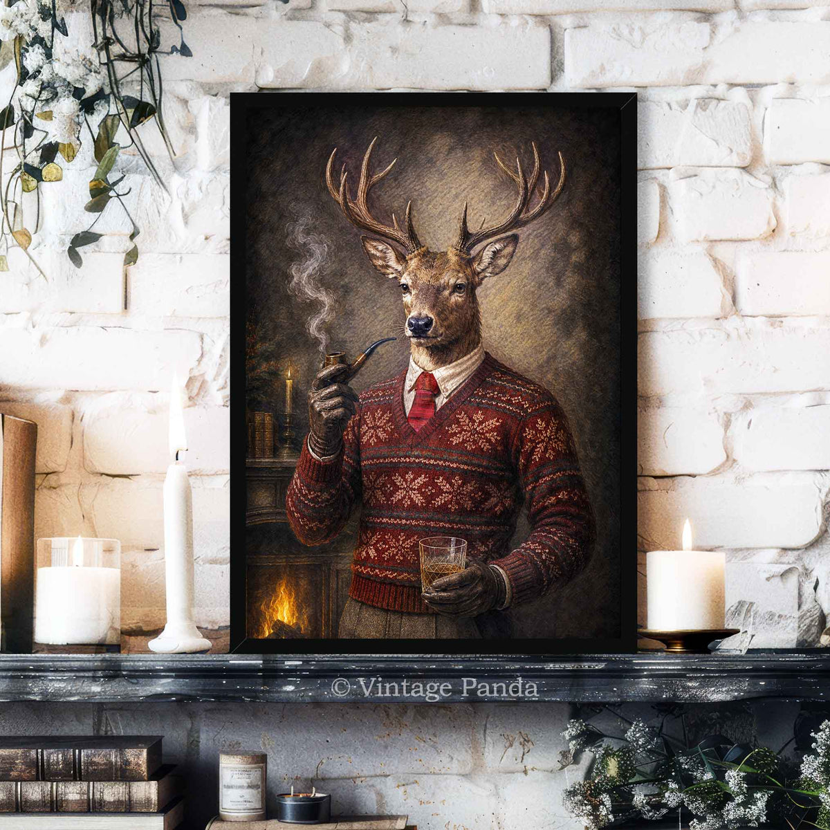 A framed vertical print featuring a whimsical portrait of a stag in a red festive Christmas sweater and tie smoking a pipe and holding a glass of whisky, displayed on a dark mantelpiece against a white brick wall with candles and books.