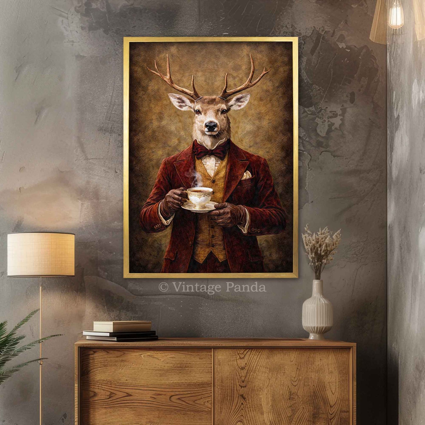 Stag_Drinking_Tea_in_Gold_Frame_by_Vintage_Panda_Designs_-_SM