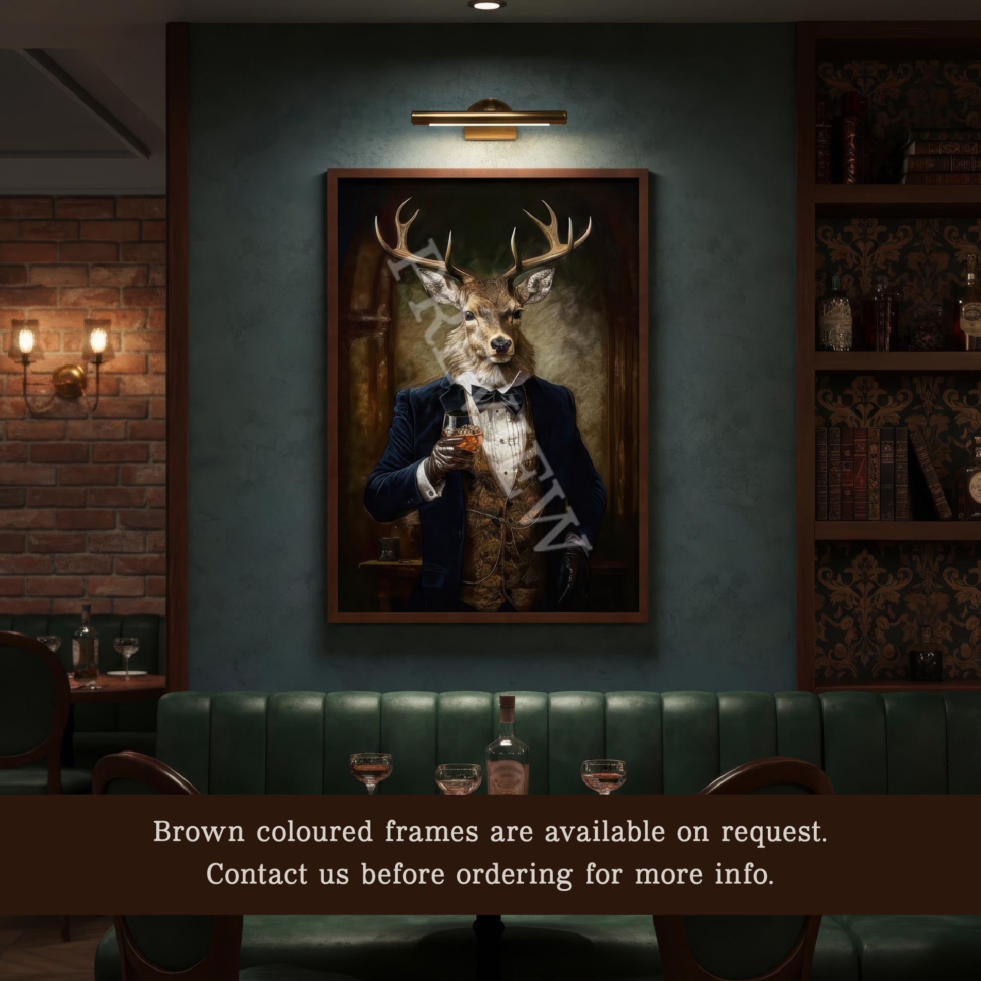 Stag_Drinking_Whisky_in_Brown_Frame_in_Vintage_Speakeasy_Style_Bar_Artwork_and_Image_by_and_Copyright_of_Vintage_Panda_Designs