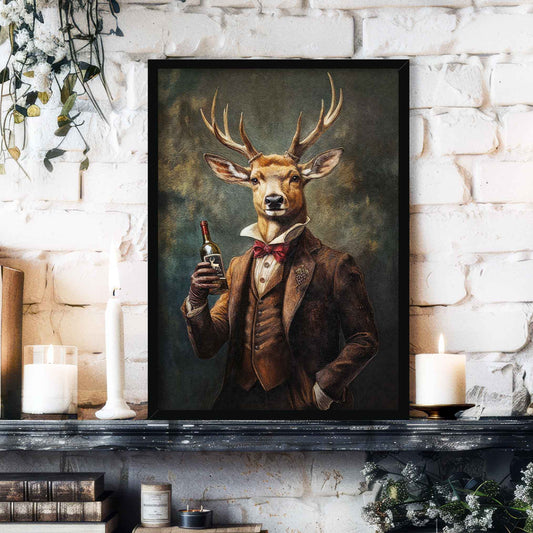 Stag Drinking Wine Print Black Frame - Vintage Panda Designs