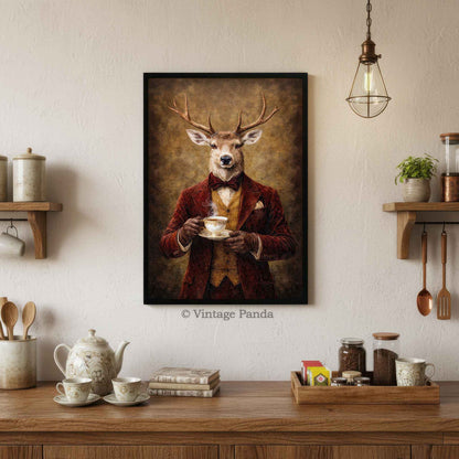 Stag_Gentleman_Drinking_Tea_Portrait_in_Black_Frame_on_Wall_in_Traditional_Vintage_Ristic_Kitchen_Copyright_Vintage_Panda_-_SM