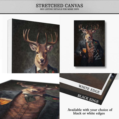 Stretched canvas wall art showing a deer with beer dressed in formal attire, presented in multiple views with text noting stretched canvas format, white or black edge options.