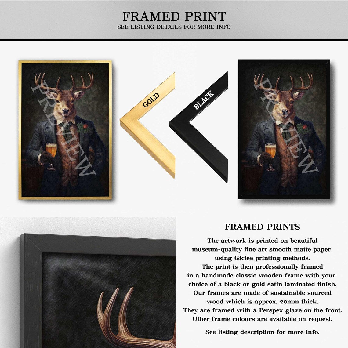 Stag_Gentleman_with_Beer_Framed_Print_by_Vintage_Panda_Designs