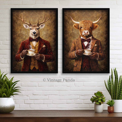 Stag_Highland_Cow_Drinking_Tea_Wall_Art_Set_Black_Frame_by_Vintage_Panda_-_SM