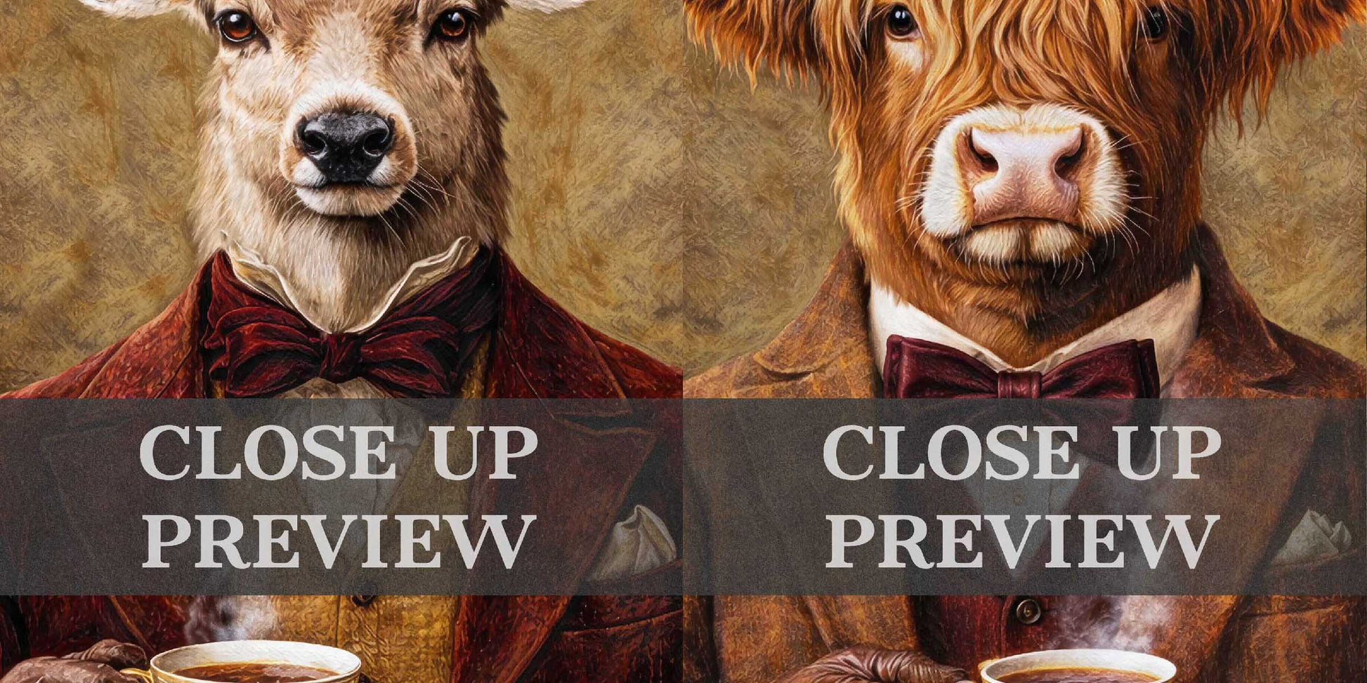 Stag_Highland_Cow_Drinking_Tea_Wall_Art_Set_Close_Up_by_Vintage_Panda