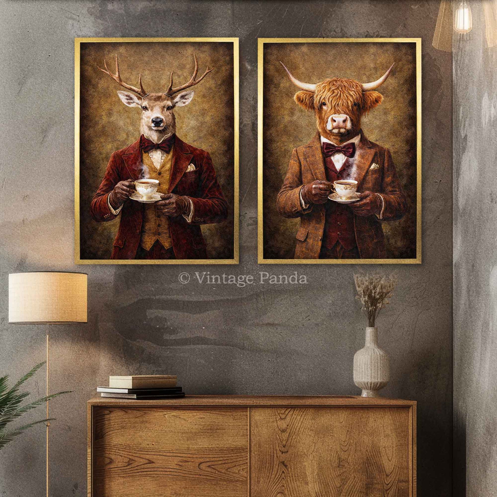Stag_Highland_Cow_Drinking_Tea_Wall_Art_Set_Gold_Frame_by_Vintage_Panda_-_SM