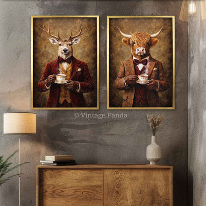 Stag_Highland_Cow_Drinking_Tea_Wall_Art_Set_Gold_Frame_by_Vintage_Panda_-_SM