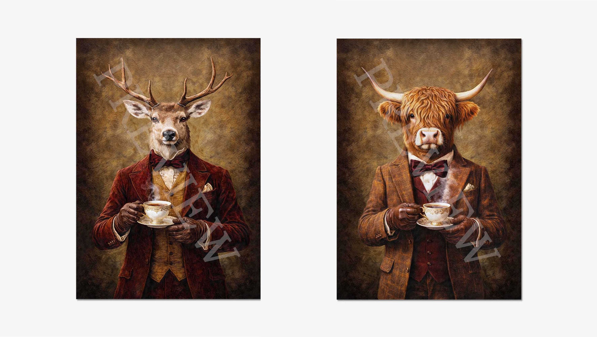 Stag_Highland_Cow_Drinking_Tea_Wall_Art_Set_Print_Only_by_Vintage_Panda_-_SM