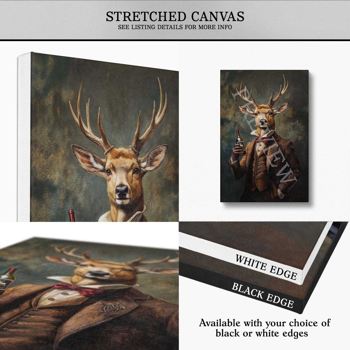 stretched canvas with art of a stag gentleman with a bottle of red wine. Black or white edge options