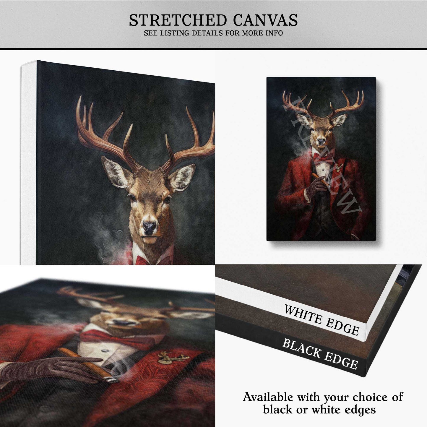 Stretched canvas wall art showing a deer portrait dressed in a red suit and bow tie, with black and white edge options