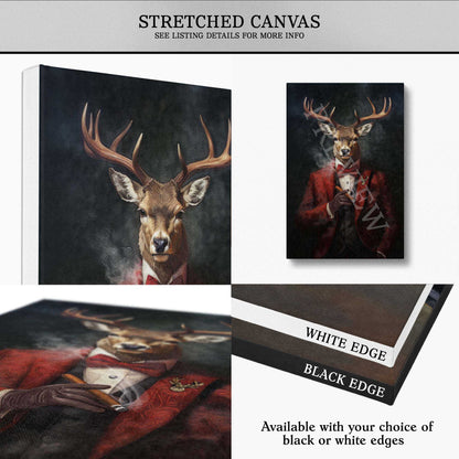 Stretched canvas wall art showing a deer portrait dressed in a red suit and bow tie, with black and white edge options