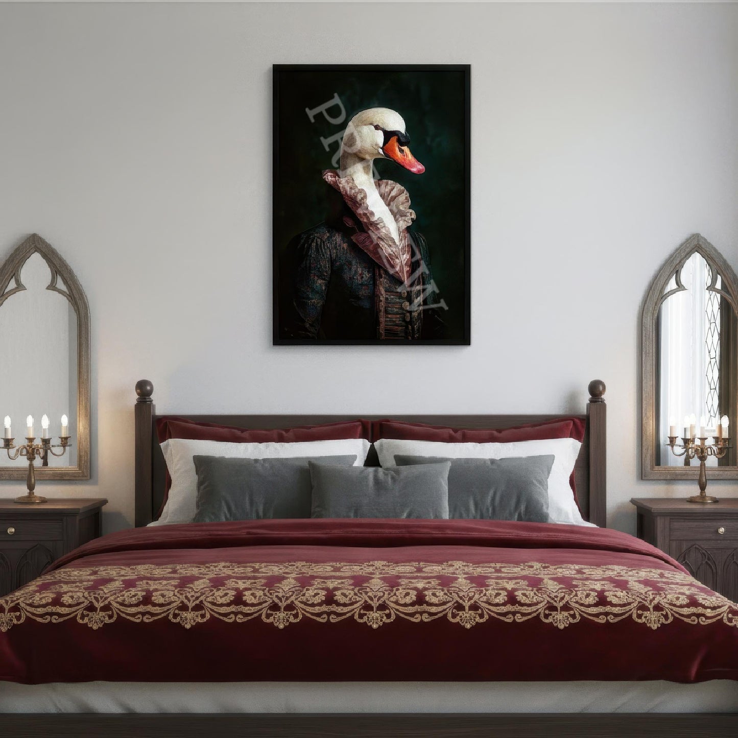 Swan_Gentleman_in_Black_Frame_in_Gothic_Bedroom_Artwork_and_Image_by_and_Copyright_of_Vintage_Panda_Designs