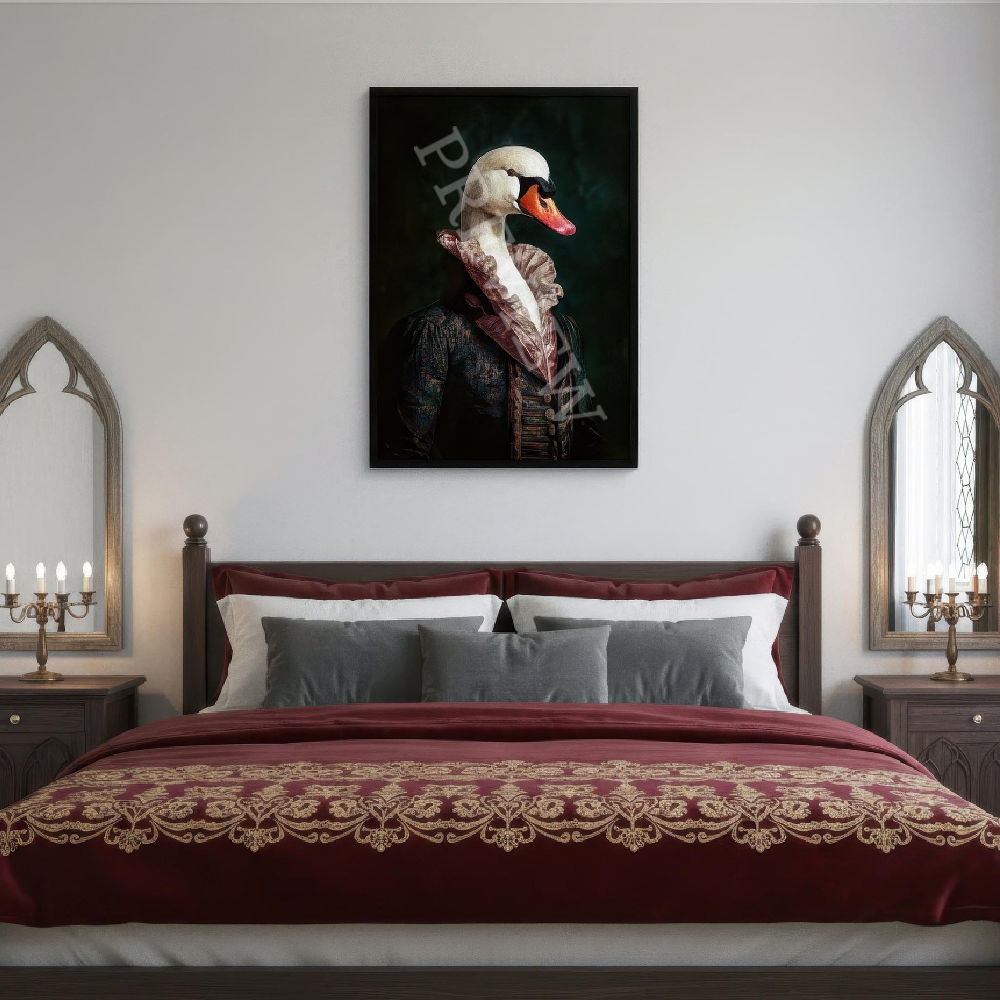 Swan_Gentleman_in_Black_Frame_in_Gothic_Bedroom_Artwork_and_Image_by_and_Copyright_of_Vintage_Panda_Designs