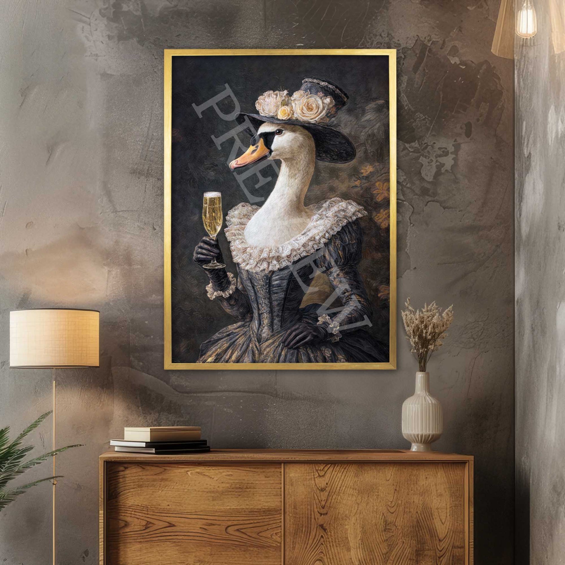 Swan_Lady_Drinking_Champagne_Gold_Frame_Preview_by_Vintage_Panda_Designs