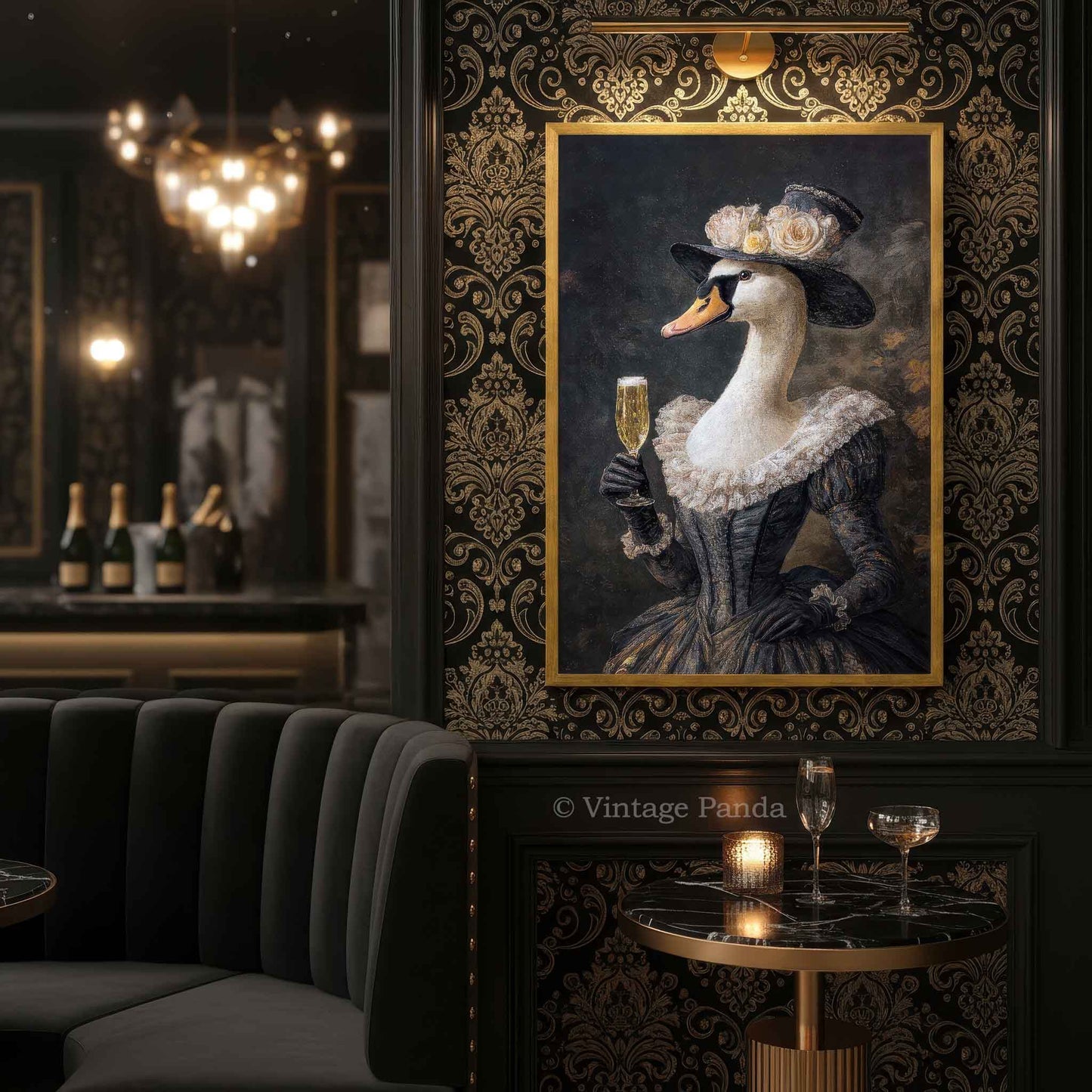 Swan_Lady_Drinking_Champagne_Portrait_in_Gold_Frame_on_Wall_in_Champagne_Cocktail_Speakeasy_Bar_Copyright_Vintage_Panda