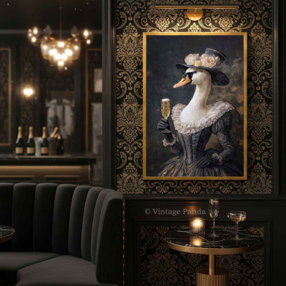 Swan_Lady_Drinking_Champagne_Portrait_in_Gold_Frame_on_Wall_in_Champagne_Cocktail_Speakeasy_Bar_Copyright_Vintage_Panda