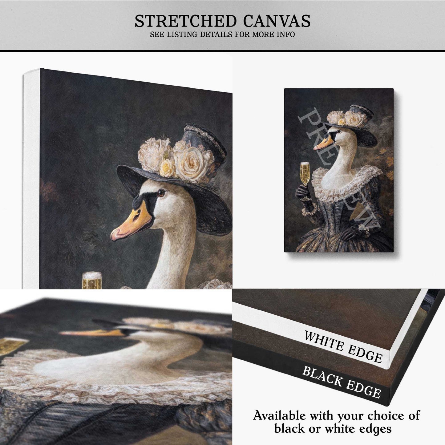 Collage of a duck painting with decorative elements on a stretched canvas, showing white and black edge options.