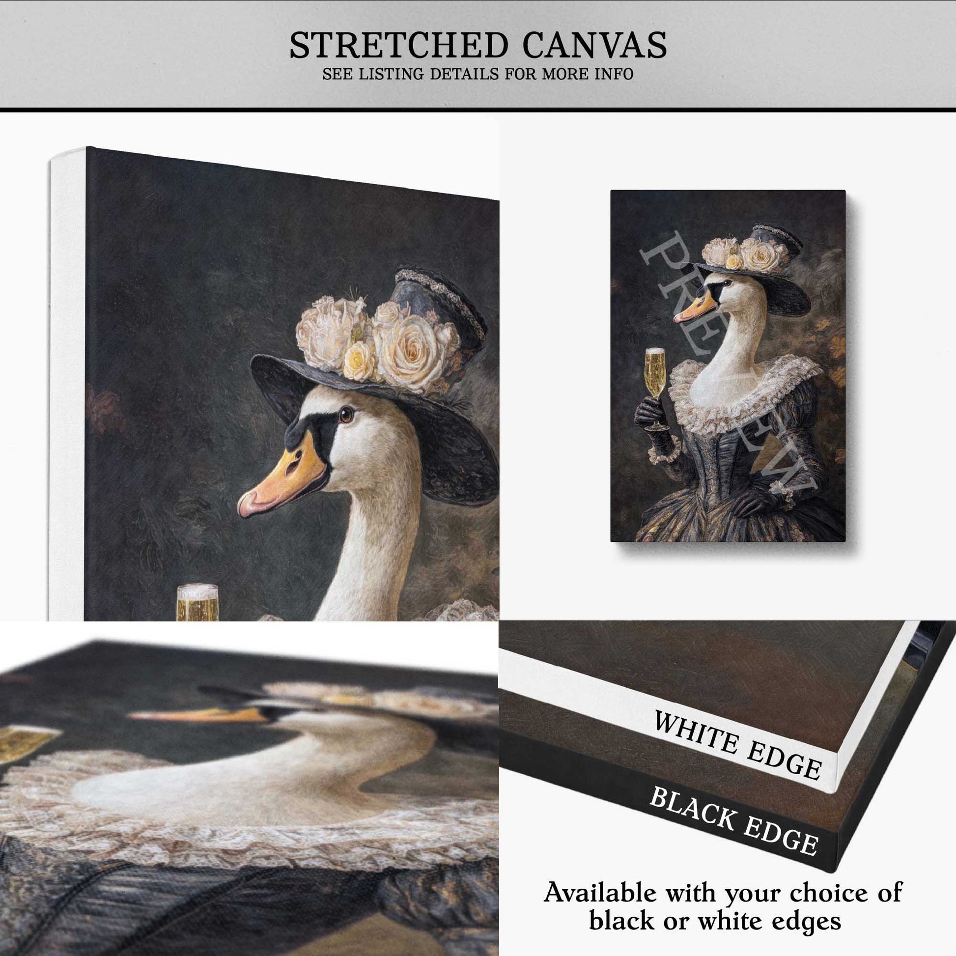 Collage of a duck painting with decorative elements on a stretched canvas, showing white and black edge options.
