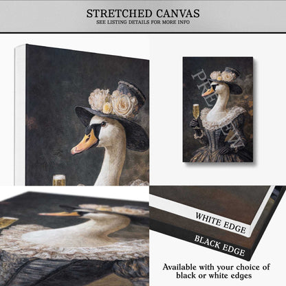 Collage of a duck painting with decorative elements on a stretched canvas, showing white and black edge options.