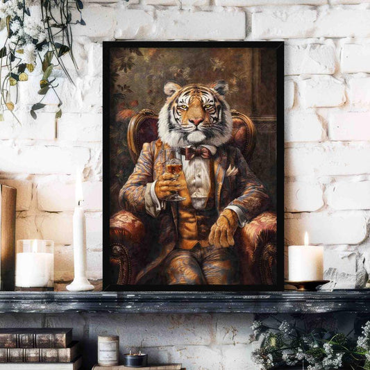 Tiger Drinking Whisky Print Black Frame by Vintage Panda Designs