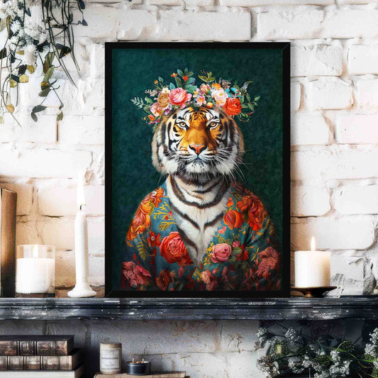 Tiger Floral Maximalist Wall Art Print Black Frame by Vintage Panda Designs