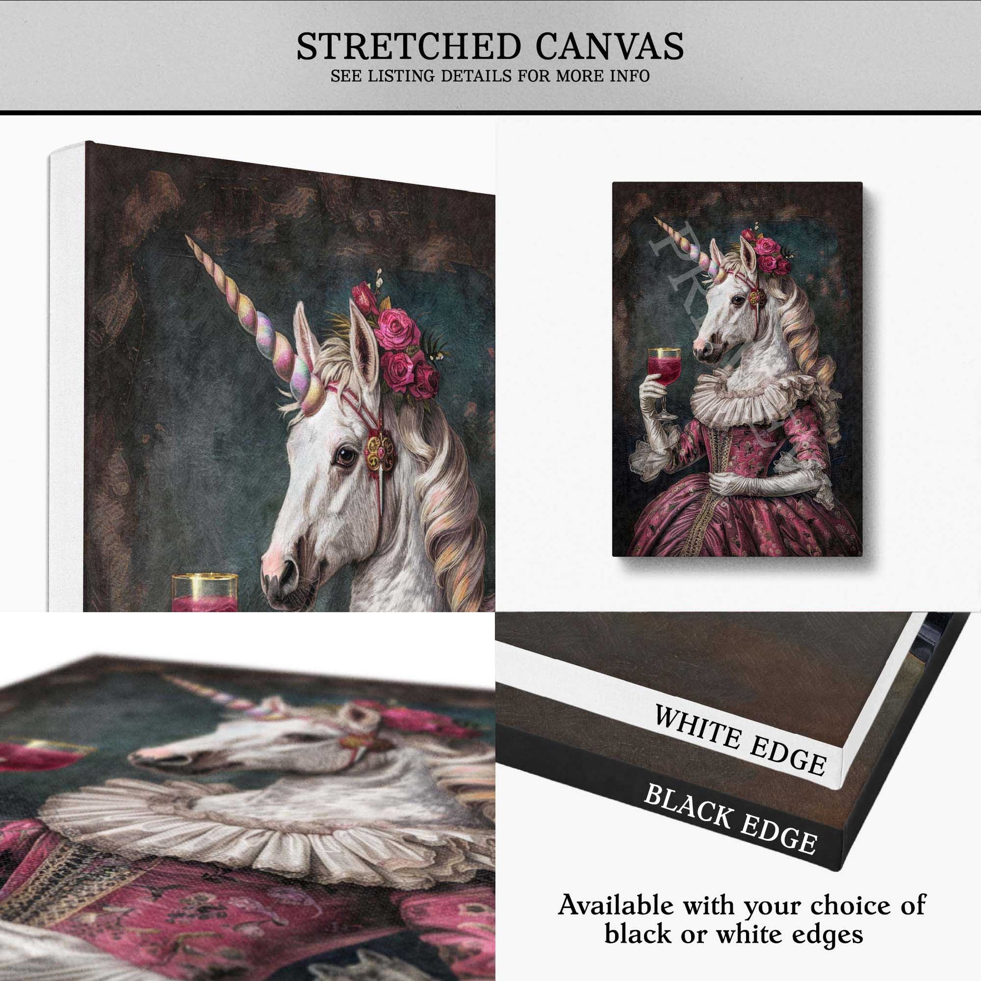 Canvas wall art showing a surreal unicorn holding a cocktail portrait in a dark, moody setting. The collage includes multiple views of the same artwork: a large angled view, a smaller front view, a close-up detail, and a stack of edges labeled white edge and black edge, with text noting availability of those edge options.