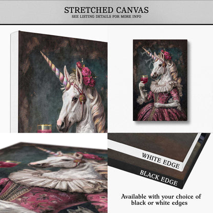 Canvas wall art showing a surreal unicorn holding a cocktail portrait in a dark, moody setting. The collage includes multiple views of the same artwork: a large angled view, a smaller front view, a close-up detail, and a stack of edges labeled white edge and black edge, with text noting availability of those edge options.