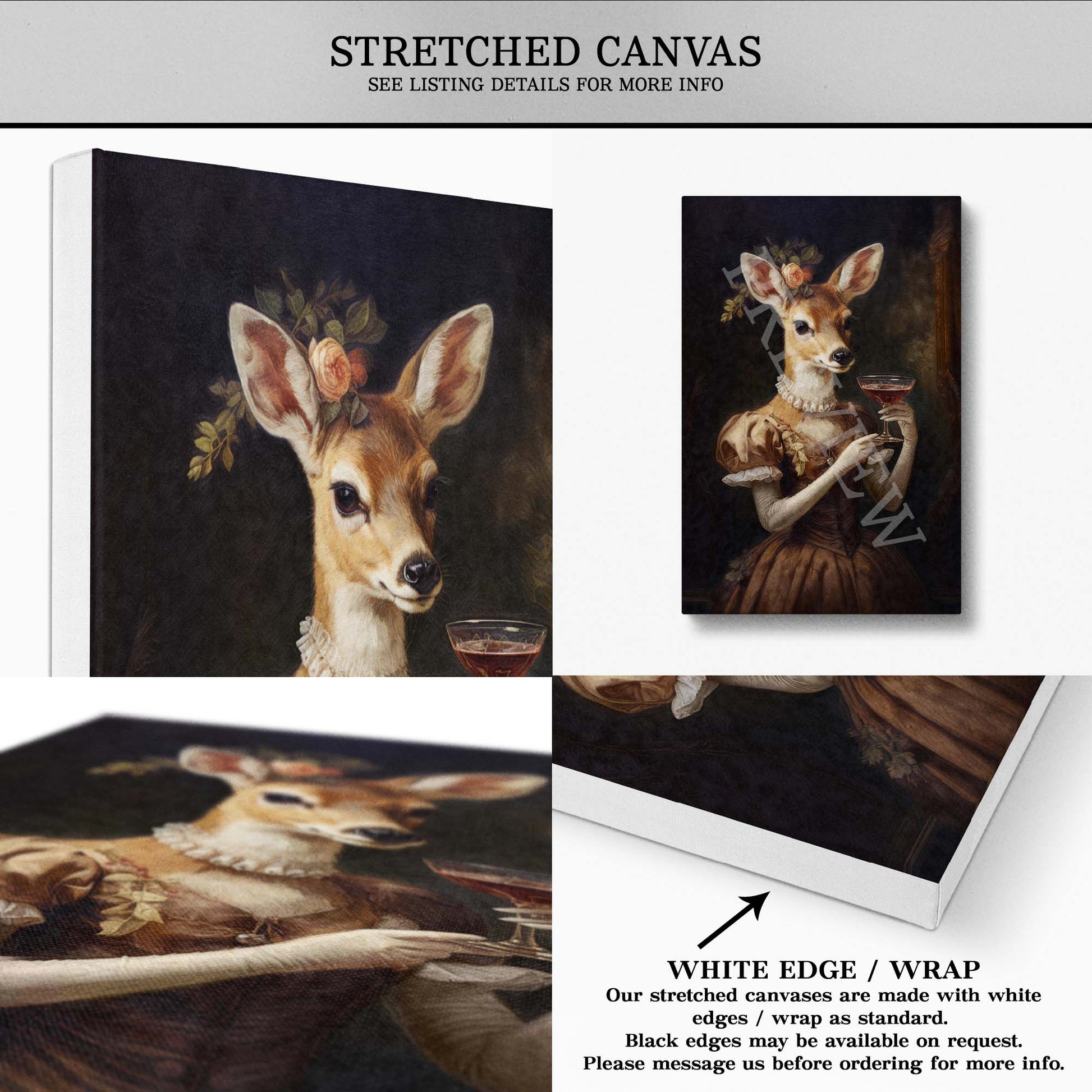 Vintage Deer Lady Drinking Cocktail Stretched Canvas - Vintage Panda Designs