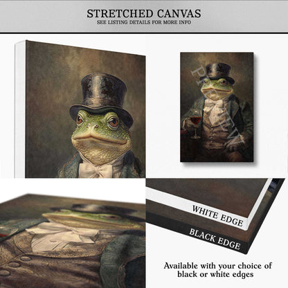 A stretched canvas wall art print shown in multiple views, featuring a painted frog dressed in vintage formalwear with a top hat with a glass of red wine. The collage includes the front view, a smaller angled view, a close-up detail, and a black-edge variant labeled 'WHITE EDGE BLACK EDGE'.