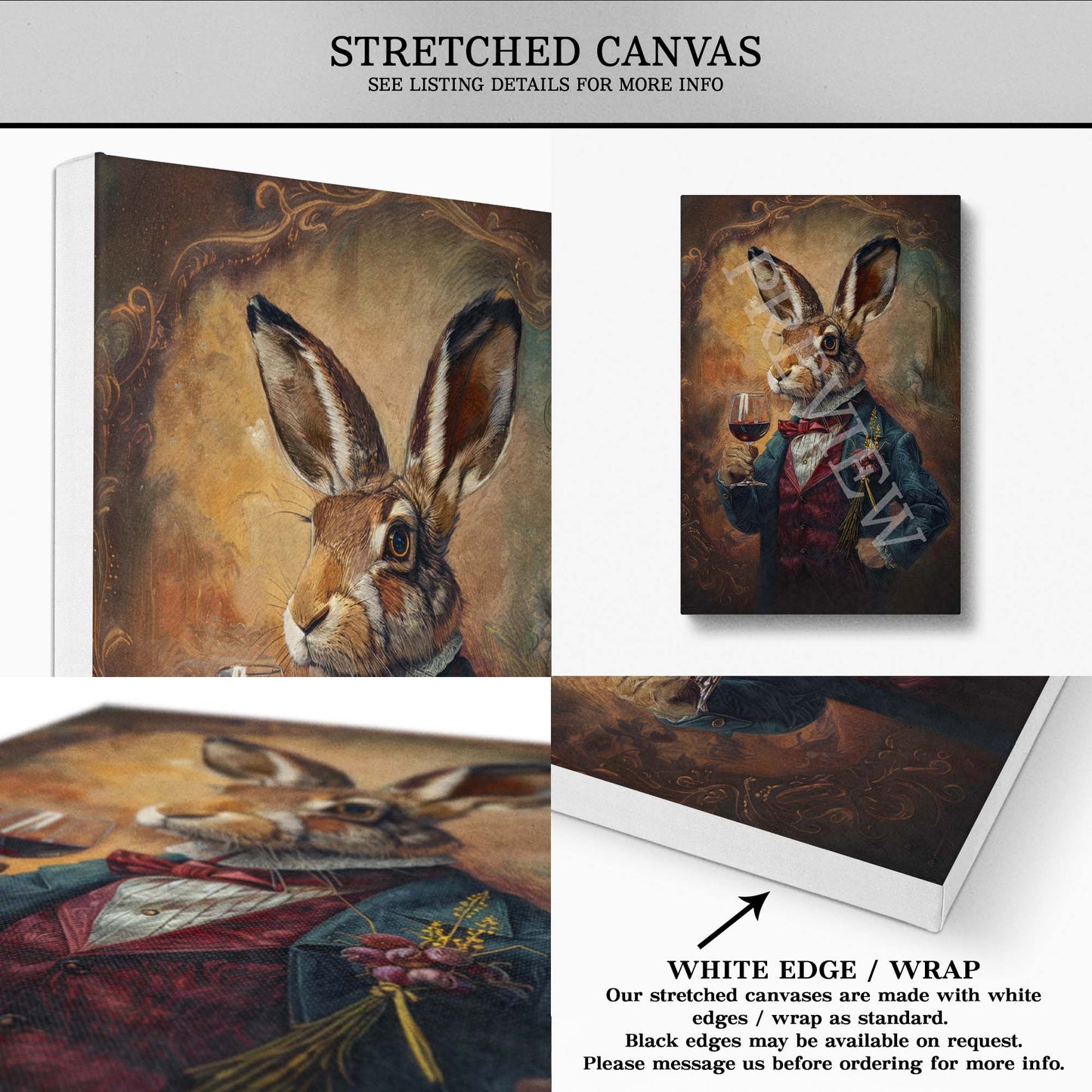 Vintage Hare with Red Wine Stretched Canvas - Vintage Panda Designs