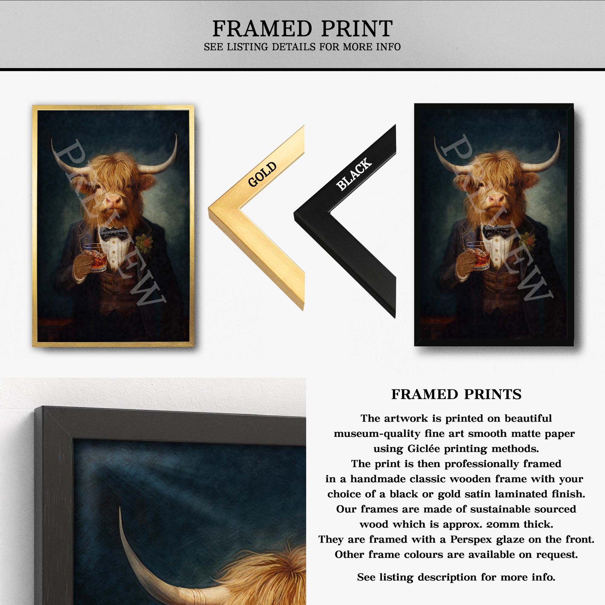 Highland Cow Drinking Whisky Framed Print - Vintage Panda Designs