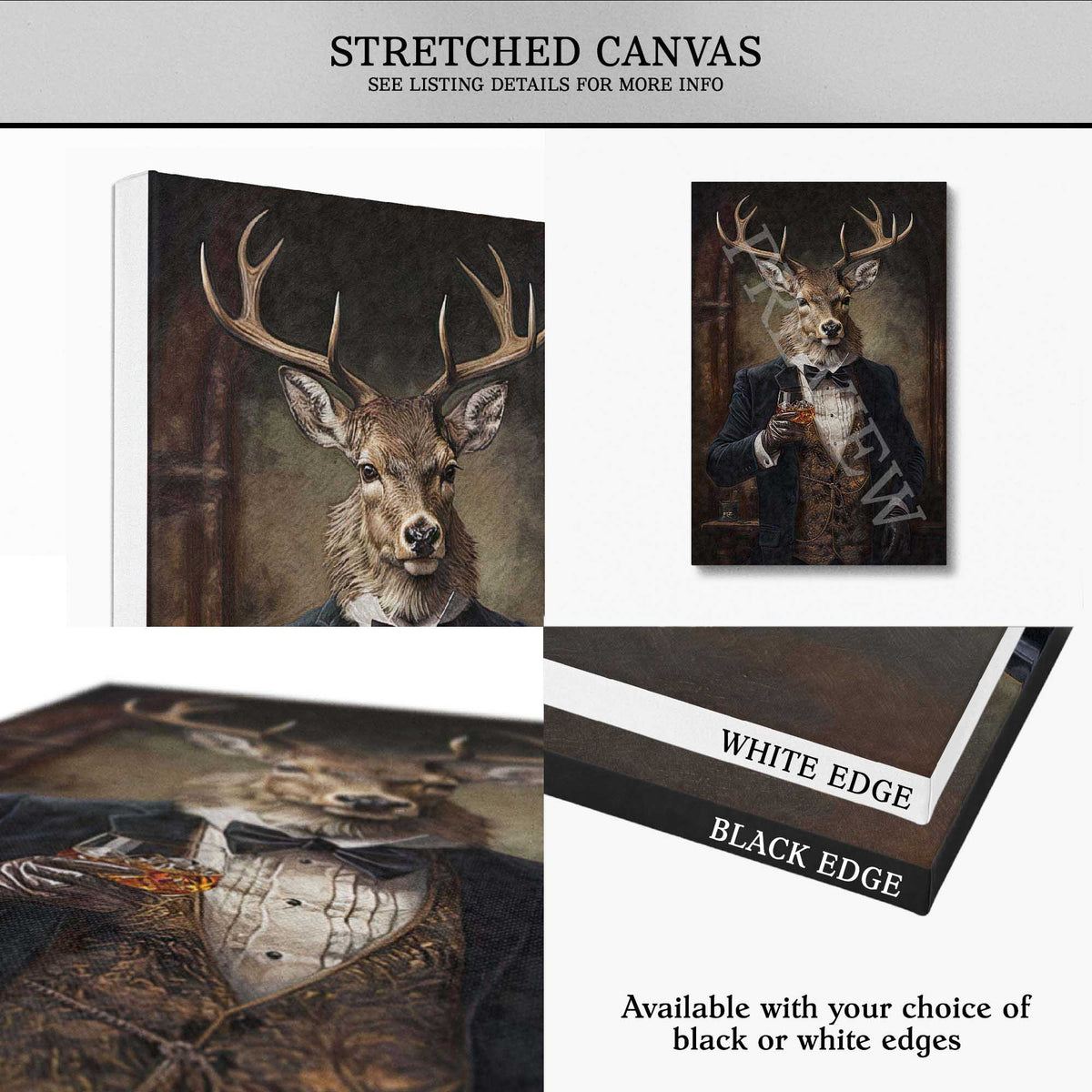 A product collage showing a stretched canvas print with an anthropomorphic deer portrait in formal wear with a glass of whisky. The image includes a large front view, a smaller side view, a close-up detail of the artwork, and a stack showing white and black edge options.