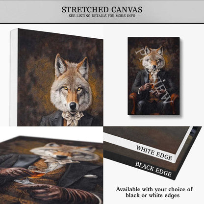 Wolf drinking whisky artwork on stretched canvas with black or white edge options