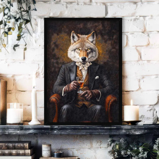 Wolf Drinking Whisky Print Black Frame by Vintage Panda Designs