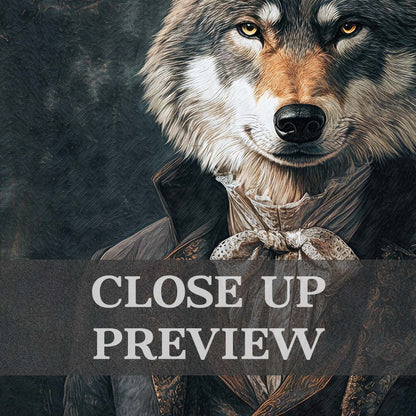 Wolf Gentleman Wall Art Print Close Up by Vintage Panda Designs